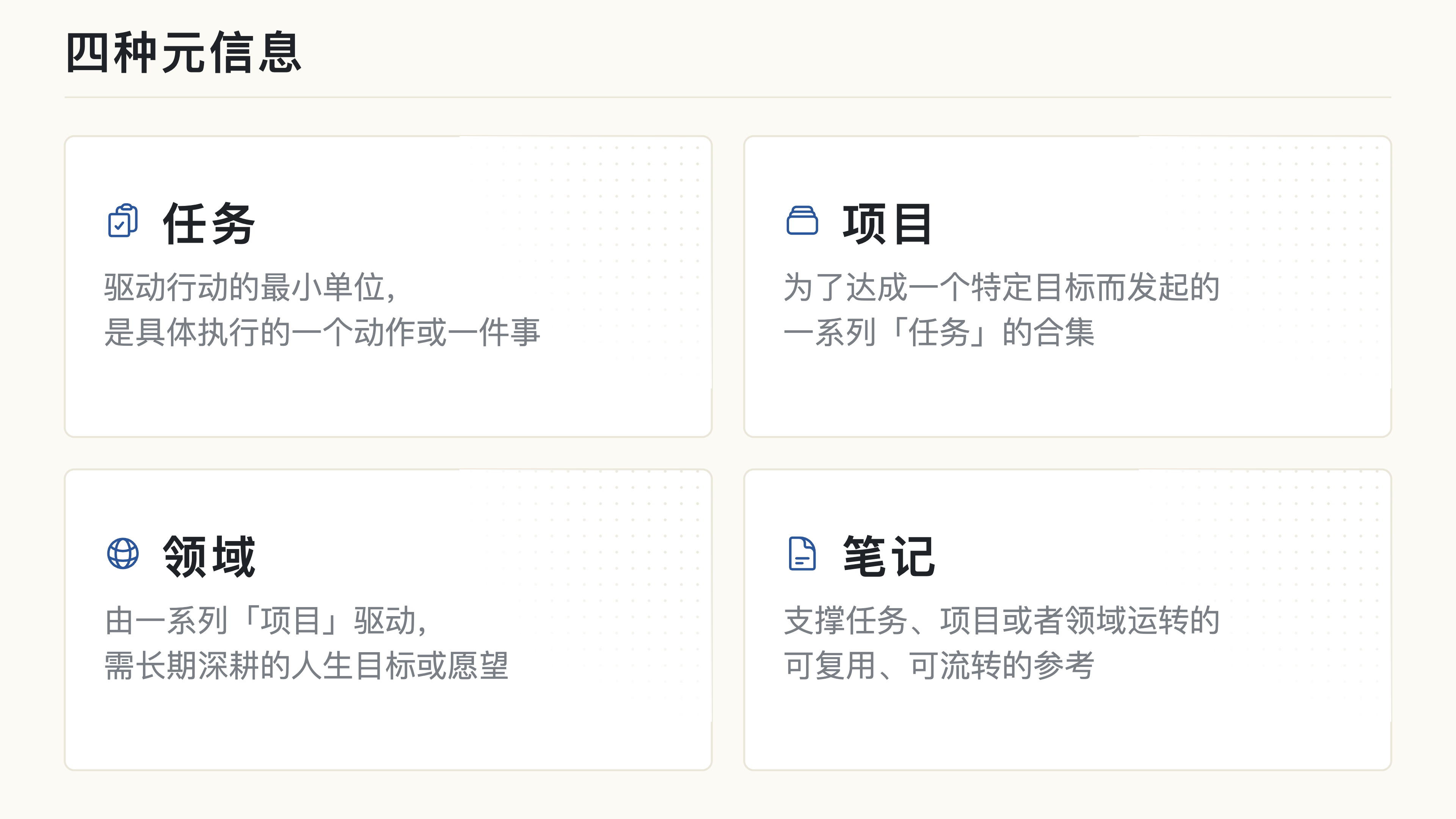 四种元信息类型：任务、笔记、项目、领域